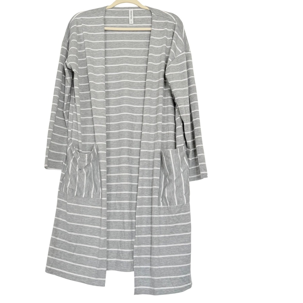 Tickled Teal Womens 1X Grey White Striped Open Front Longline Cardigan Pockets
